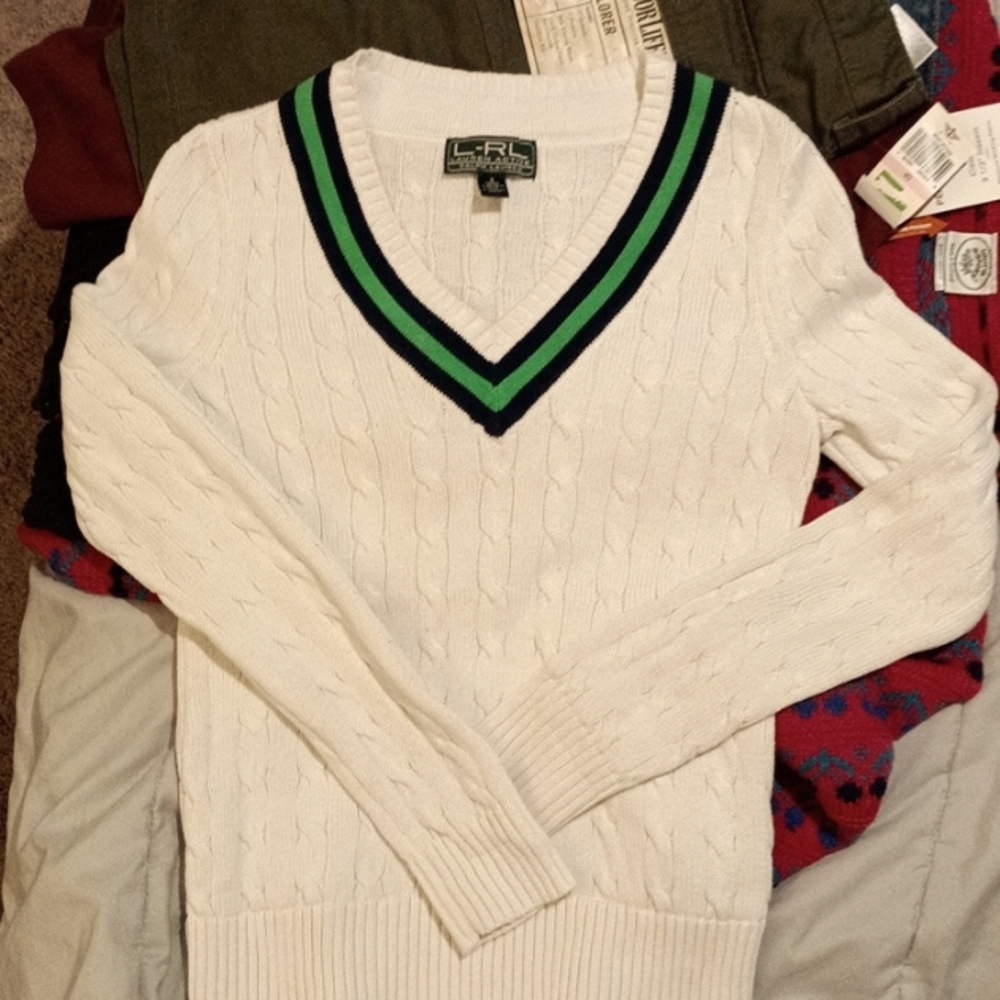 Ralph Lauren Polo Rugby Tennis Cricket Cable Knit Sweater. Vintage, white